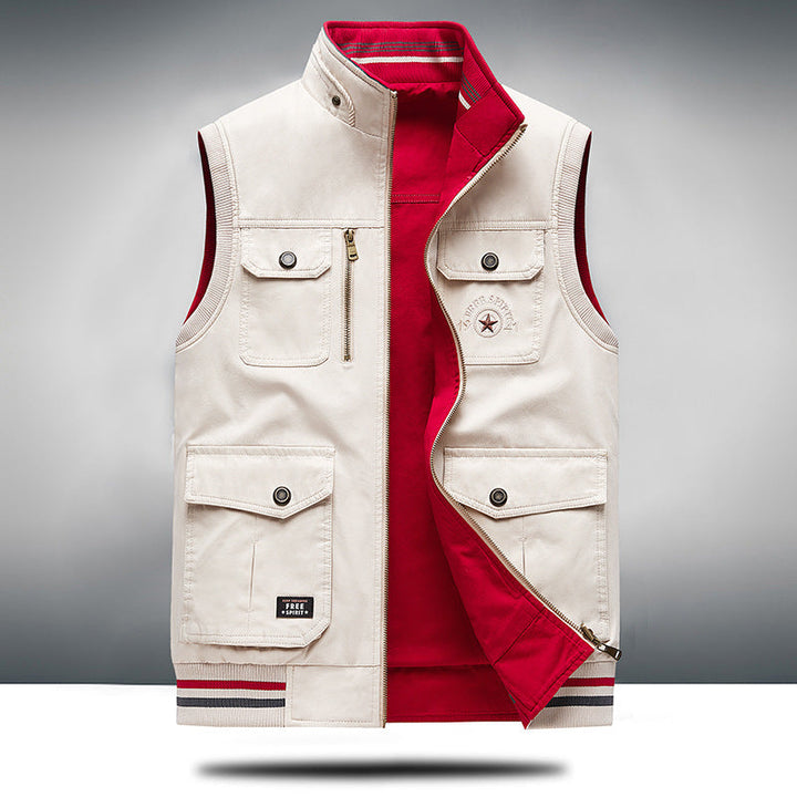 Stylish black unisex utility vest, multi-pocket design, structured outerwear for a modern aesthetic.
