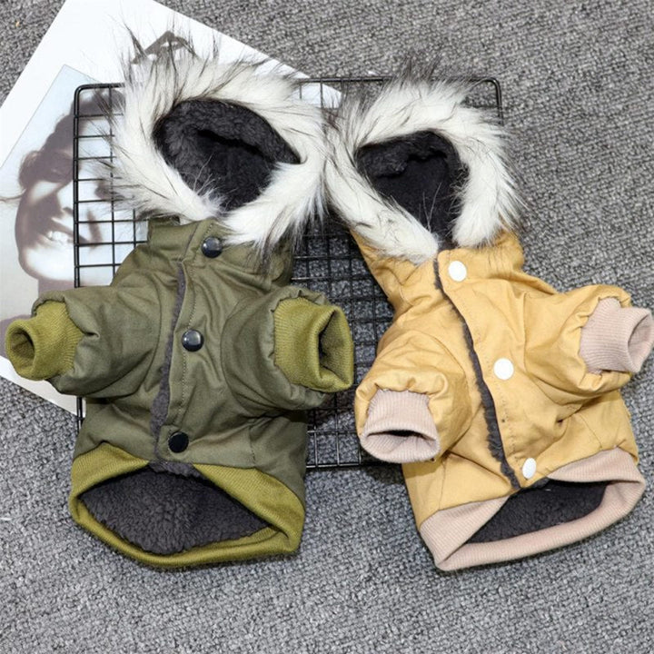 Khaki waterproof winter dog coat with hood, warm pet apparel for cold weather protection