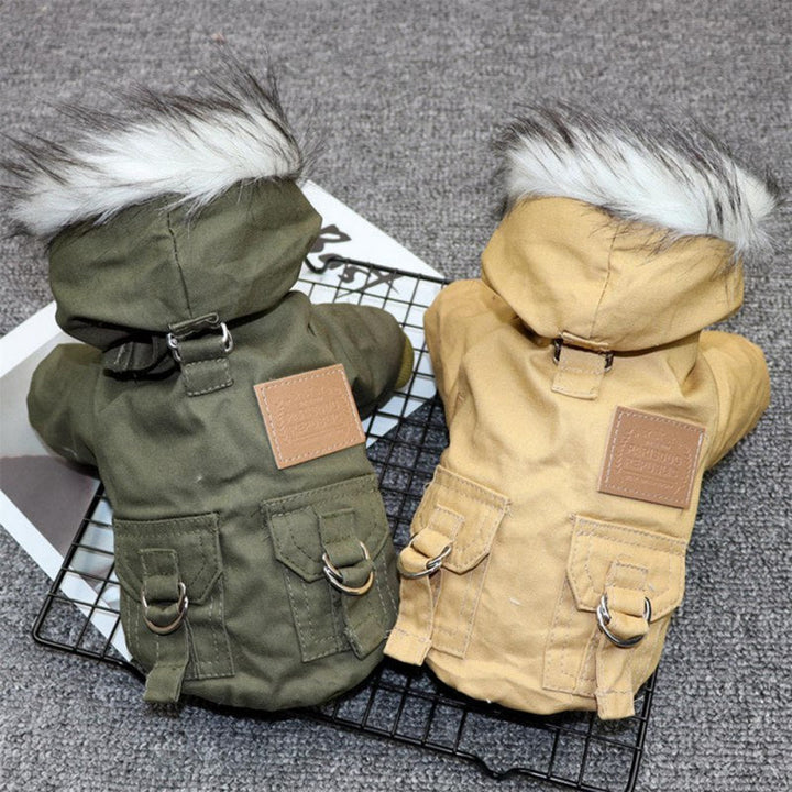 Unisex dog coat in khaki, featuring a cozy hood and waterproof fabric for winter dog fashion