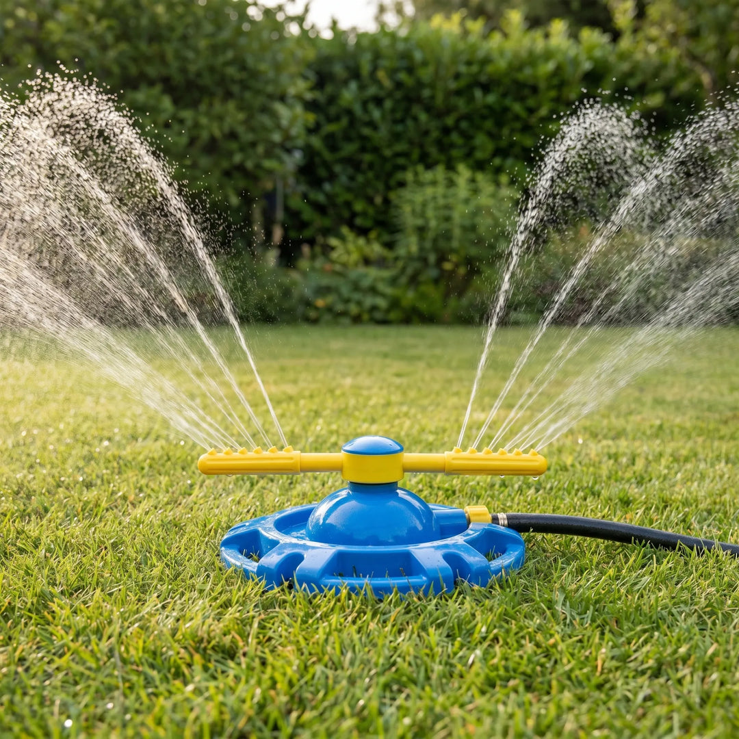 Kids' 360-degree rotating water sprinkler toy, perfect for outdoor summer backyard play and fun.