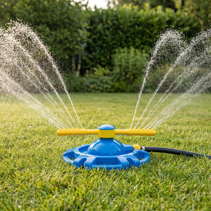 Kids' 360-degree rotating water sprinkler toy, perfect for outdoor summer backyard play and fun.