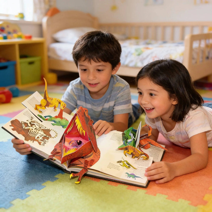 Kids' 3D interactive dinosaur pop-up book. Educational prehistoric scenes for children's learning & discovery.