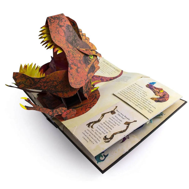 Brightly colored children's dinosaur pop-up book with T-Rex & Triceratops 3D scenes. Perfect screen-free adventure.