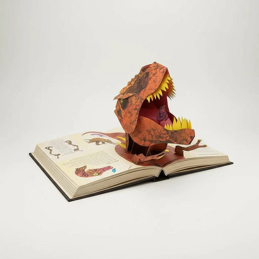 Educational kids' pop-up book showing interactive 3D dinosaurs. Learn prehistoric facts & discovery for young children.