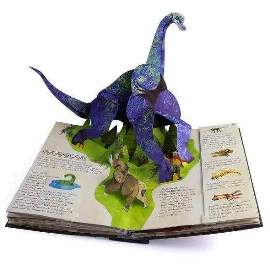 Close-up of a vibrant 3D T-Rex popping out of an interactive dinosaur book, engaging kids in prehistoric learning.
