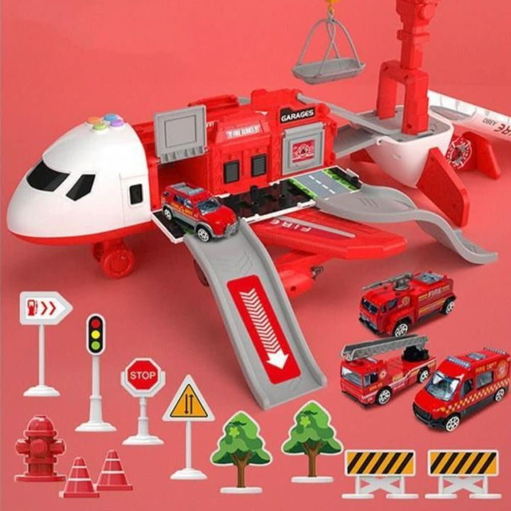 Plastic toy airplane playset with mini vehicles, perfect for creative kids' activity.