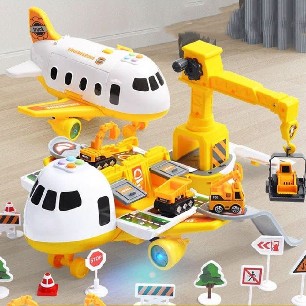 Children's adventure playset featuring a large carrier plane and various plastic vehicles.