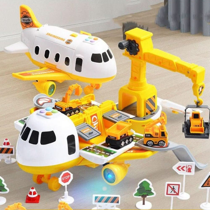 Children's adventure playset featuring a large carrier plane and various plastic vehicles.