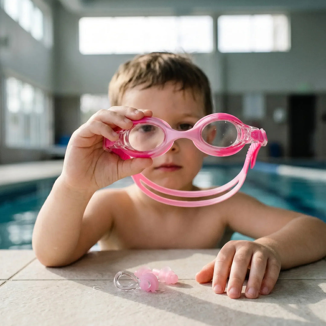 Kids' anti-fog swim goggles with clear lenses & easy adjust strap for comfortable swimming lessons.