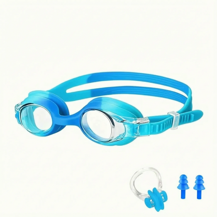Brightly colored youth anti-fog swim goggles with an adjustable head strap for aspiring young swimmers.