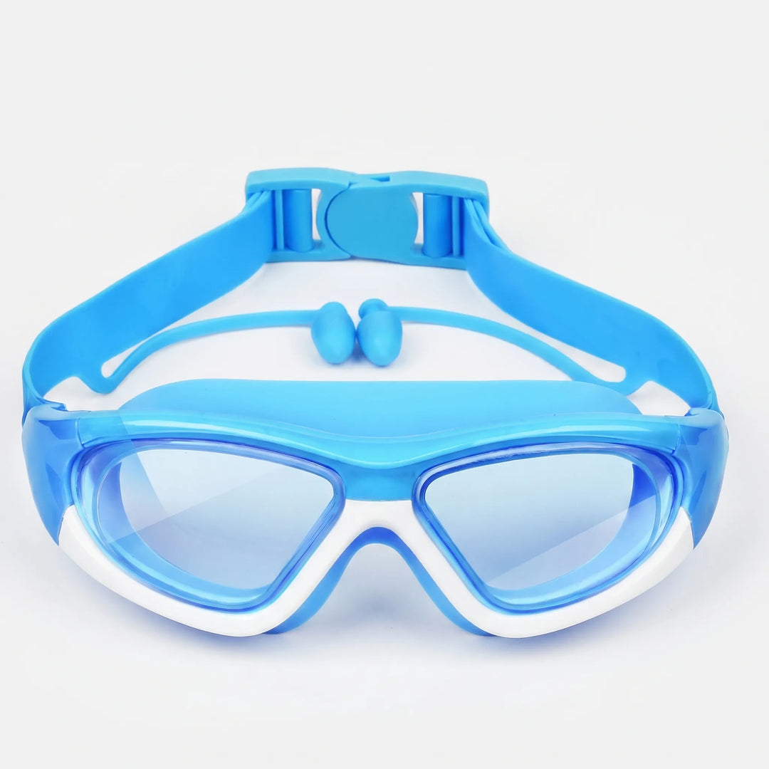 Children's silicone swim goggles, comfort fit, adjustable strap, integrated earplugs. Perfect for pool & water sports.