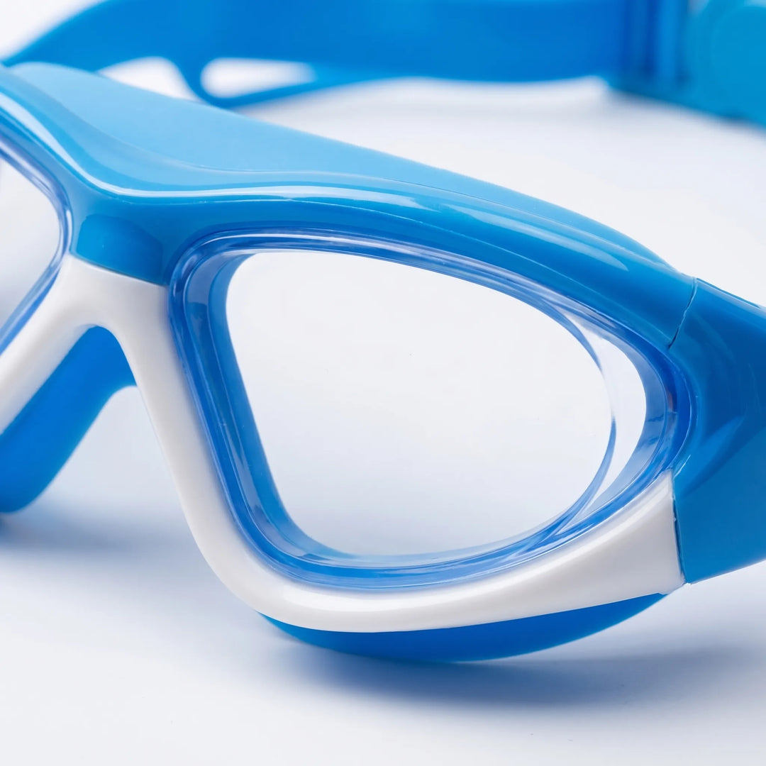 Anti-fog kids' swim goggles with UV protection, ensuring clear vision for young swimmers. Includes integrated earplugs.