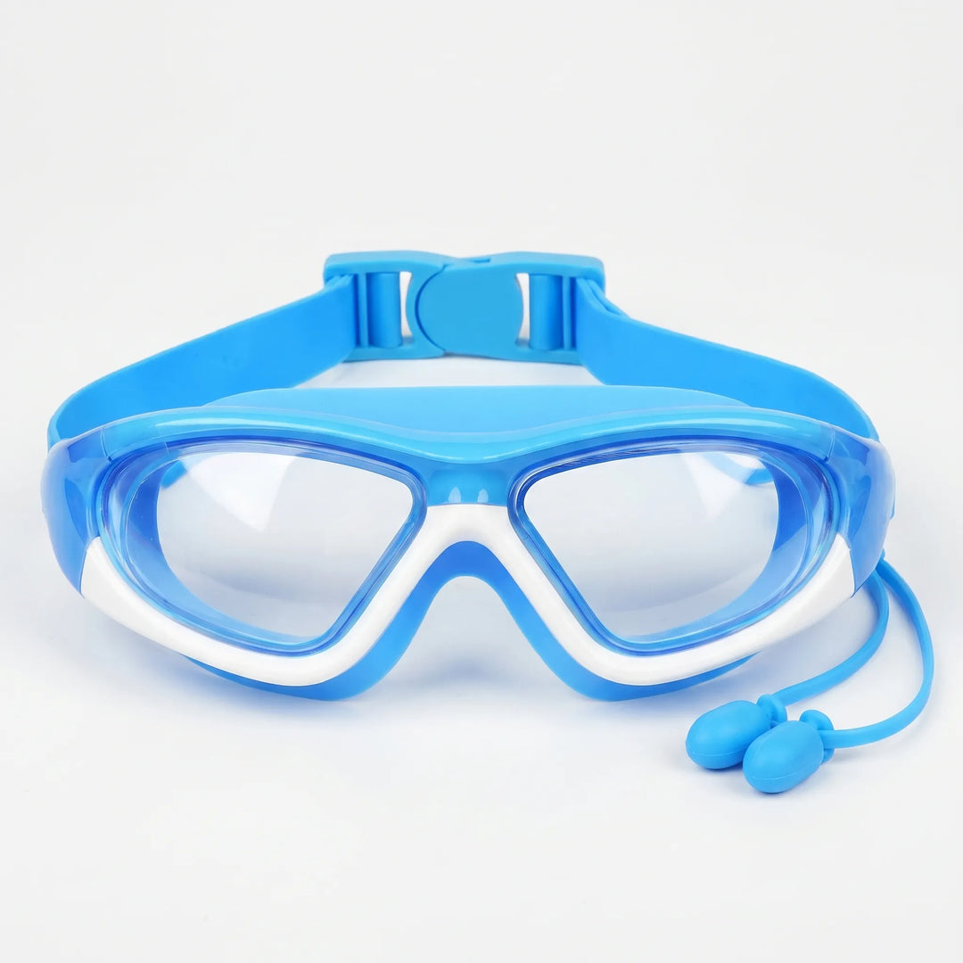 Kids' swim goggles feature integrated earplugs & adjustable strap, ideal for water sports & pool accessories.