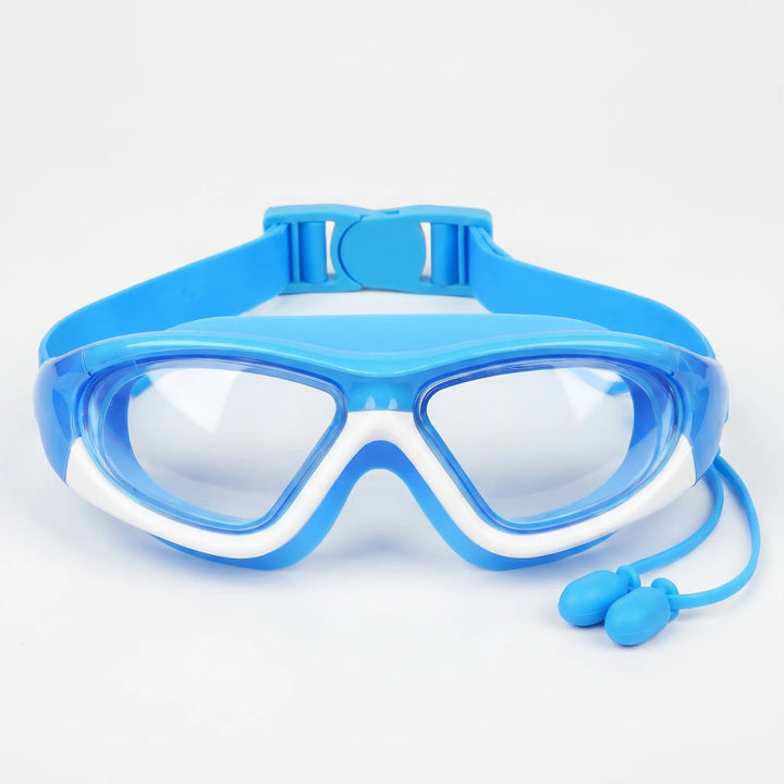 Kids' swim goggles feature integrated earplugs & adjustable strap, ideal for water sports & pool accessories.