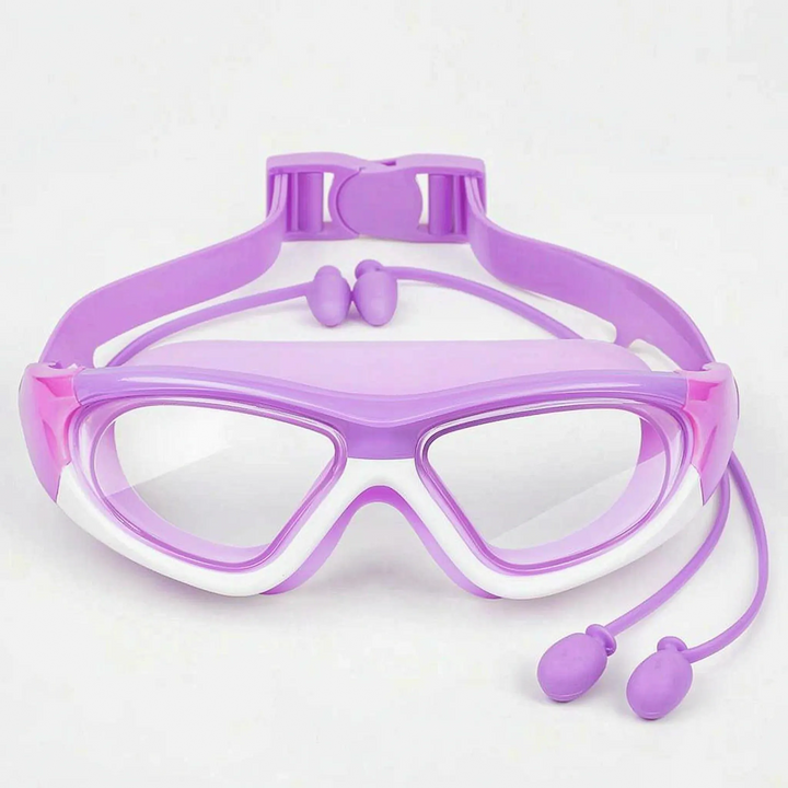 Durable silicone kids' anti-fog swim goggles with UV protection, comfort fit & integrated earplugs for active swimmers.