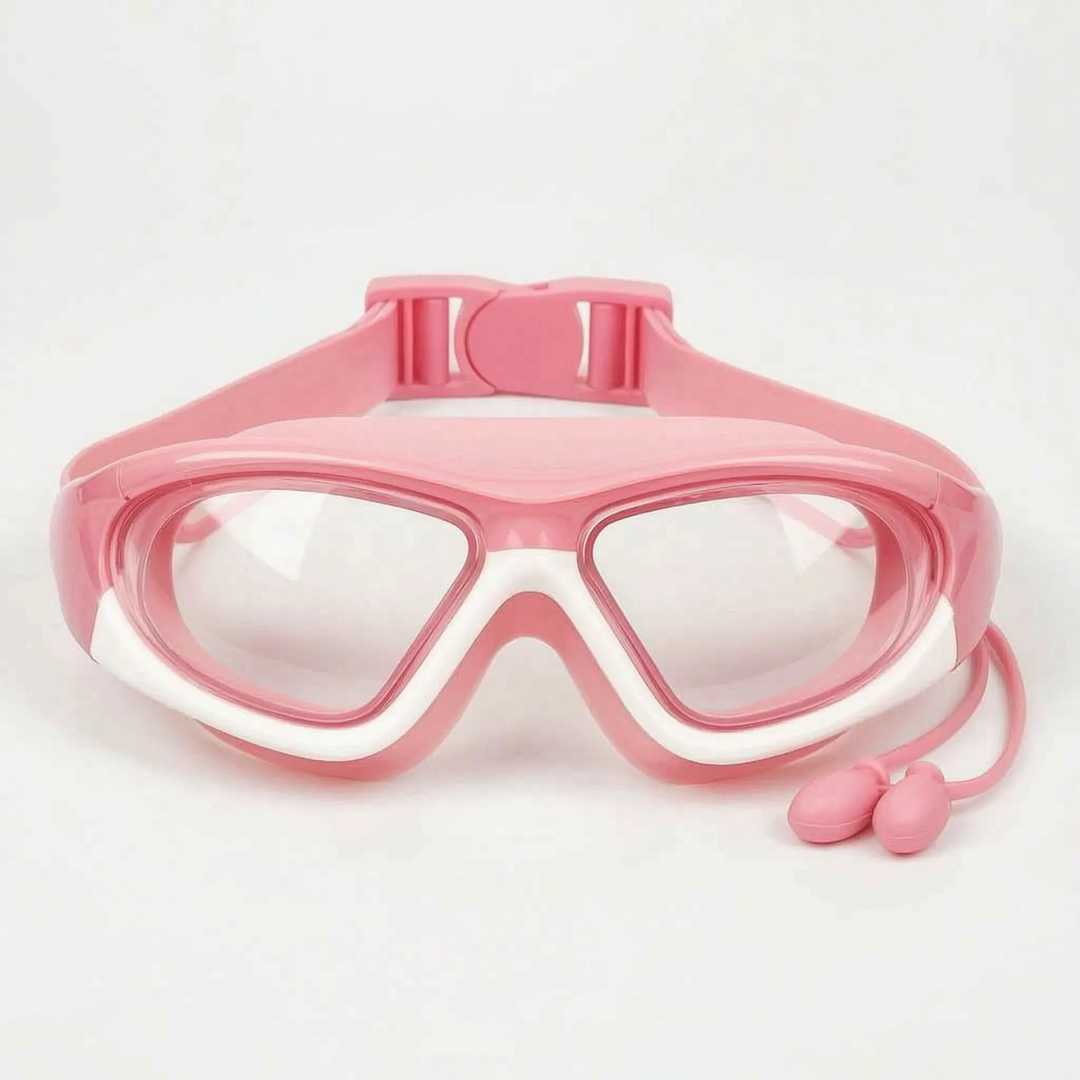 Young swimmer wearing anti-fog kids' swim goggles with integrated earplugs, ready for fun water sports & pool.