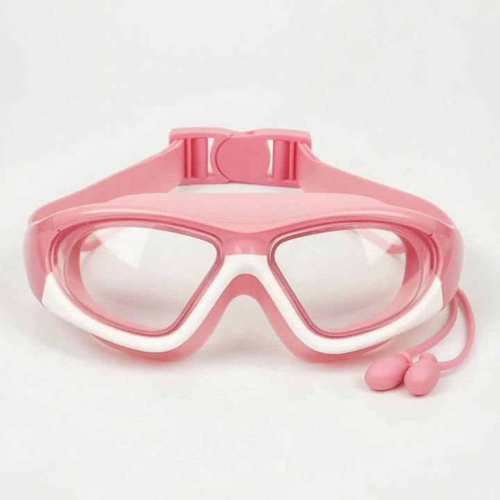 Young swimmer wearing anti-fog kids' swim goggles with integrated earplugs, ready for fun water sports & pool.
