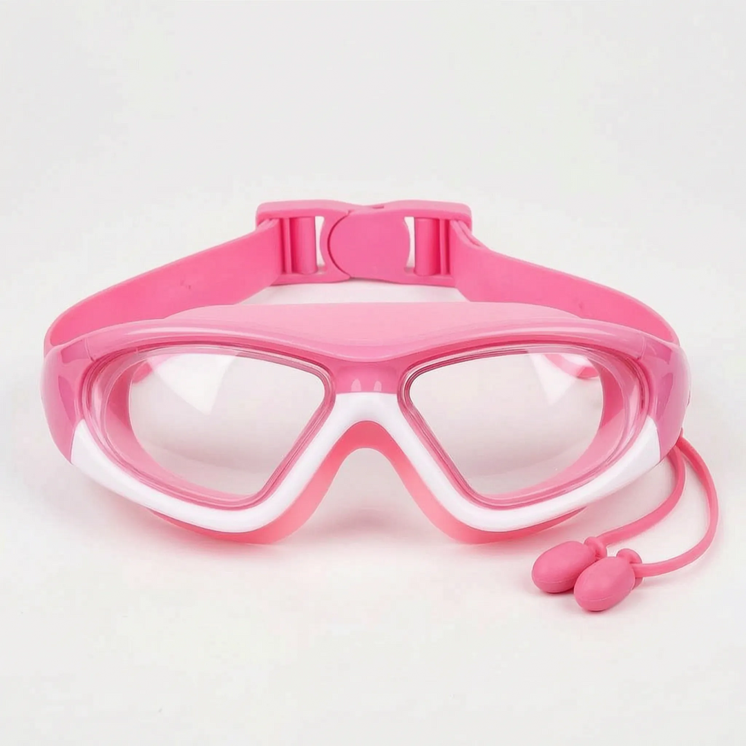 Adjustable kids' anti-fog swim goggles, UV protection, silicone, & integrated earplugs for pool and water sports.