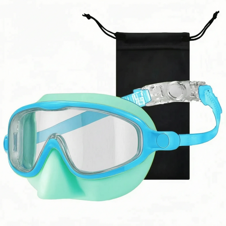 Comfortable kids swim mask, anti-leak with integrated nose cover. Wide view & easy adjust for young swimmers.