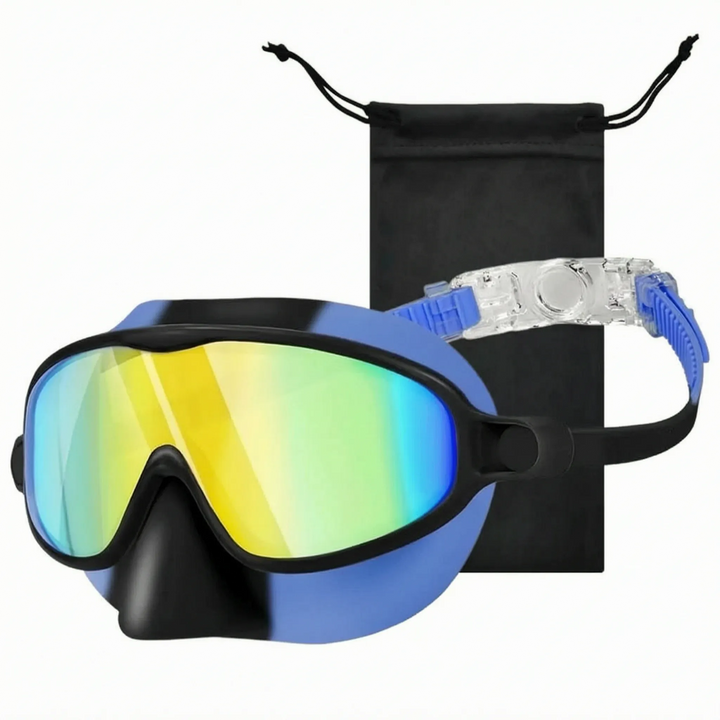 Youth swim mask with integrated nose cover. Leakproof, wide view, comfortable for all water activities.