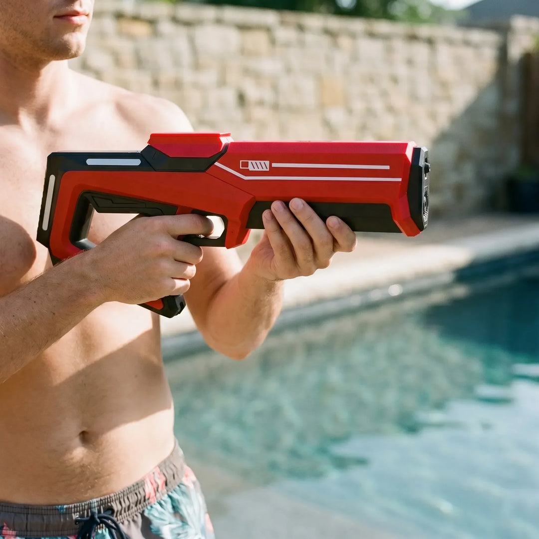 Kids' automatic electronic water blaster, blue & white, ready for summer water fights & outdoor fun.