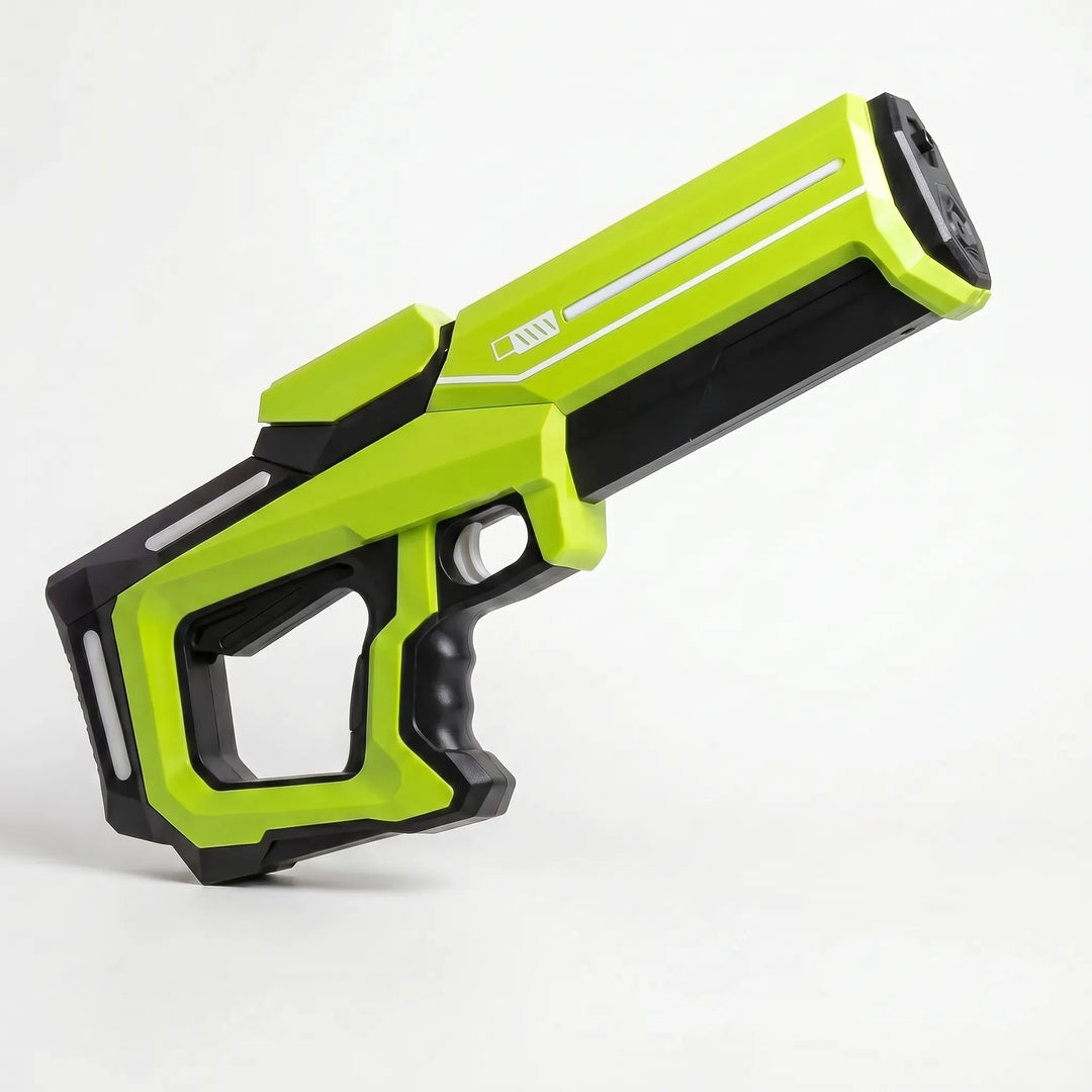 Futuristic blue automatic water blaster for kids, designed for exciting summer water fights & outdoor play.