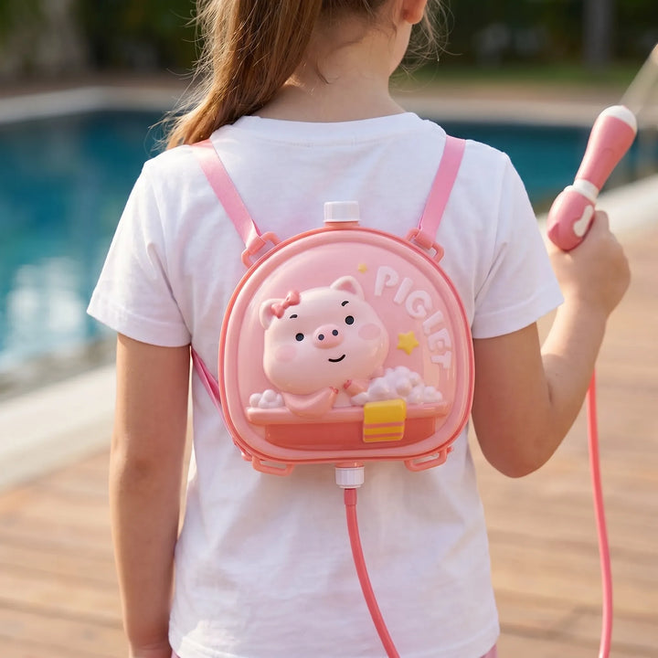 Kids' backpack water blaster toy, perfect for outdoor summer fun & pool play. Easy pump action water gun.