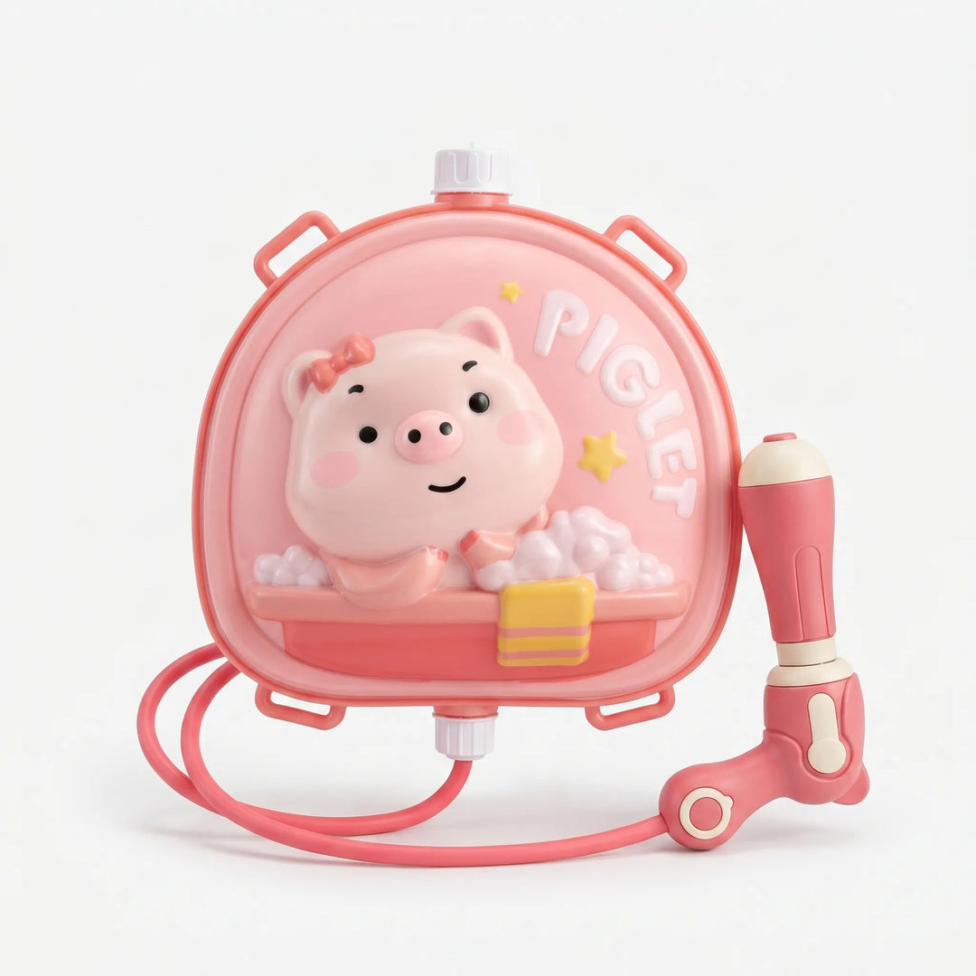 Cute animal design backpack water gun for kids' summer fun. Outdoor pump action water blaster toy.