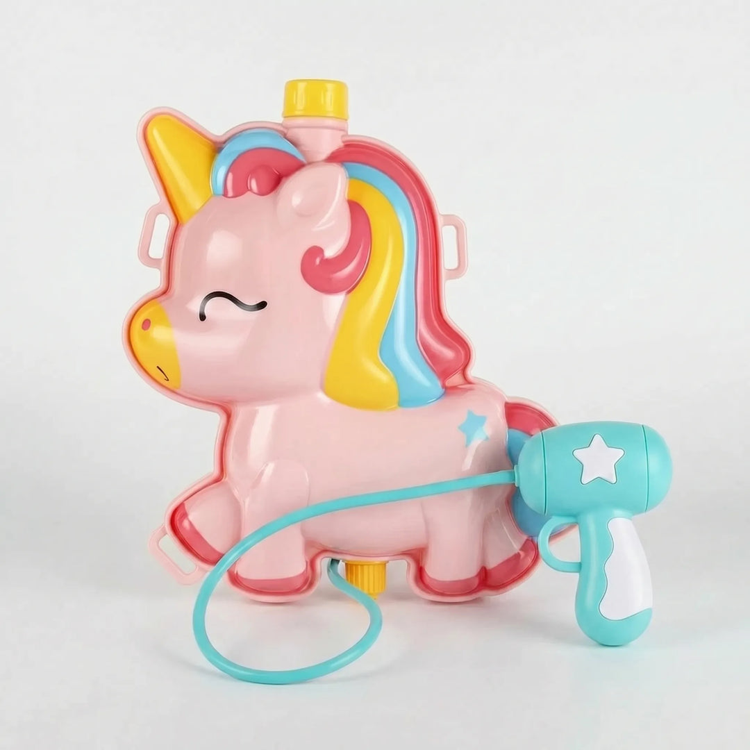 Unicorn water gun backpack for kids, a magical large capacity water toy for summer outdoor adventures.