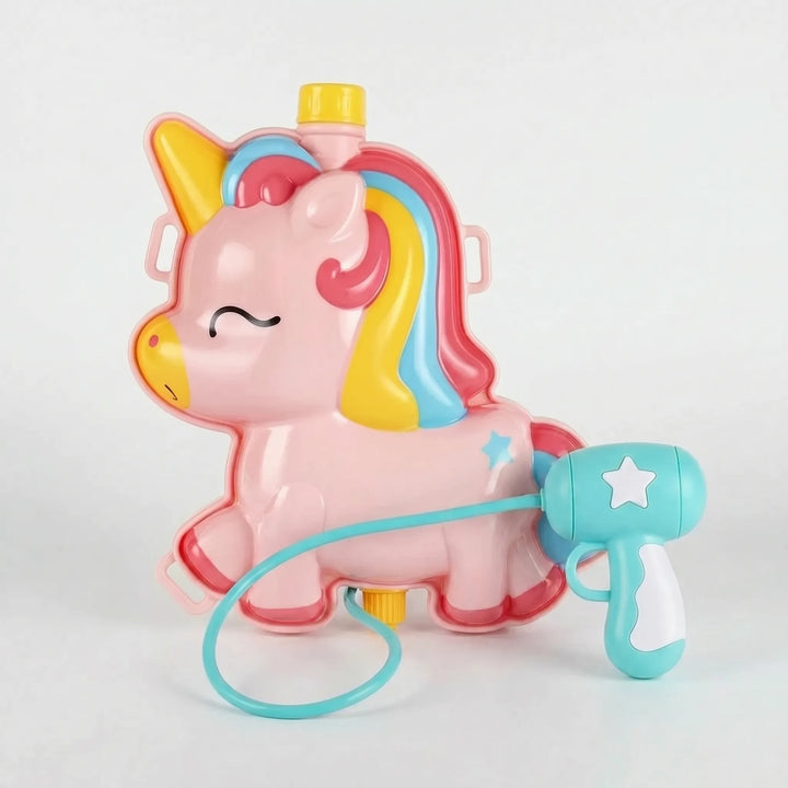 Unicorn water gun backpack for kids, a magical large capacity water toy for summer outdoor adventures.