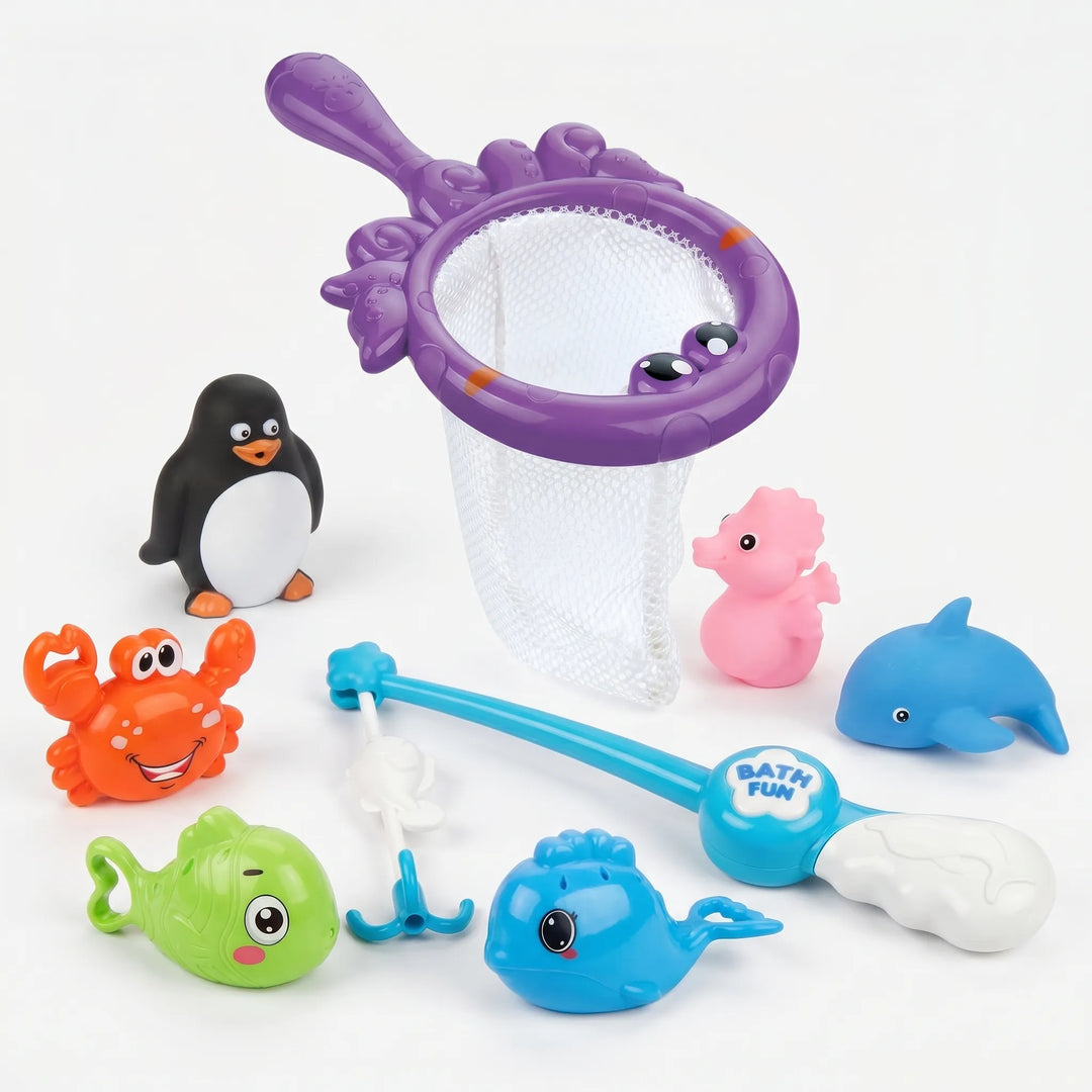 Engaging bath toy fishing set for kids. Includes magnetic rod, colorful fish, and net. Perfect for water play.