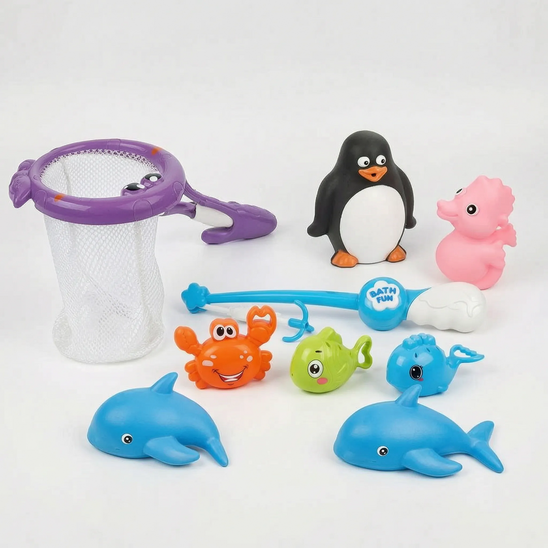 Bright kids' bath fishing game with floating characters & magnetic reel. Great for sensory water play and fun.