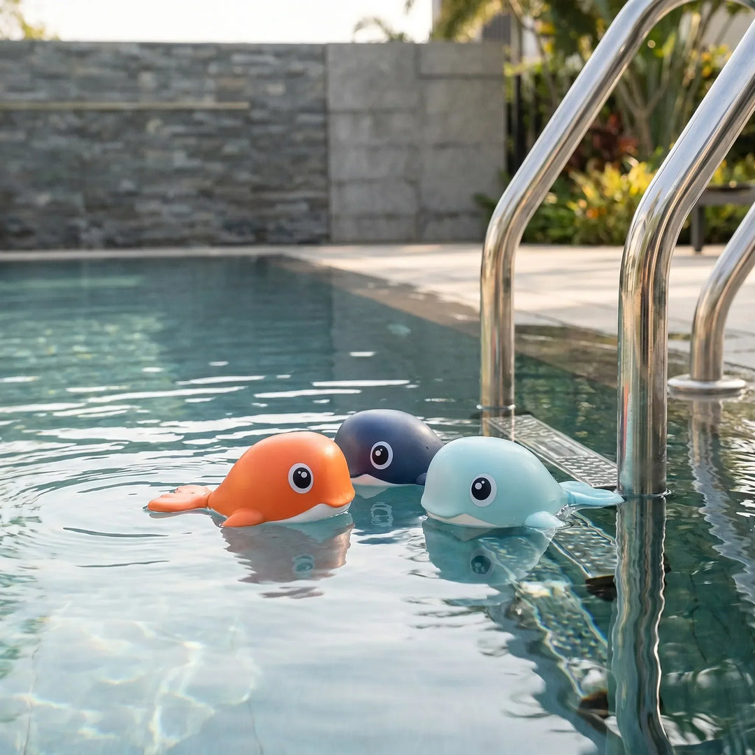 Kids' battery-free wind-up floating whale bath toy set for toddlers. Fun water play.