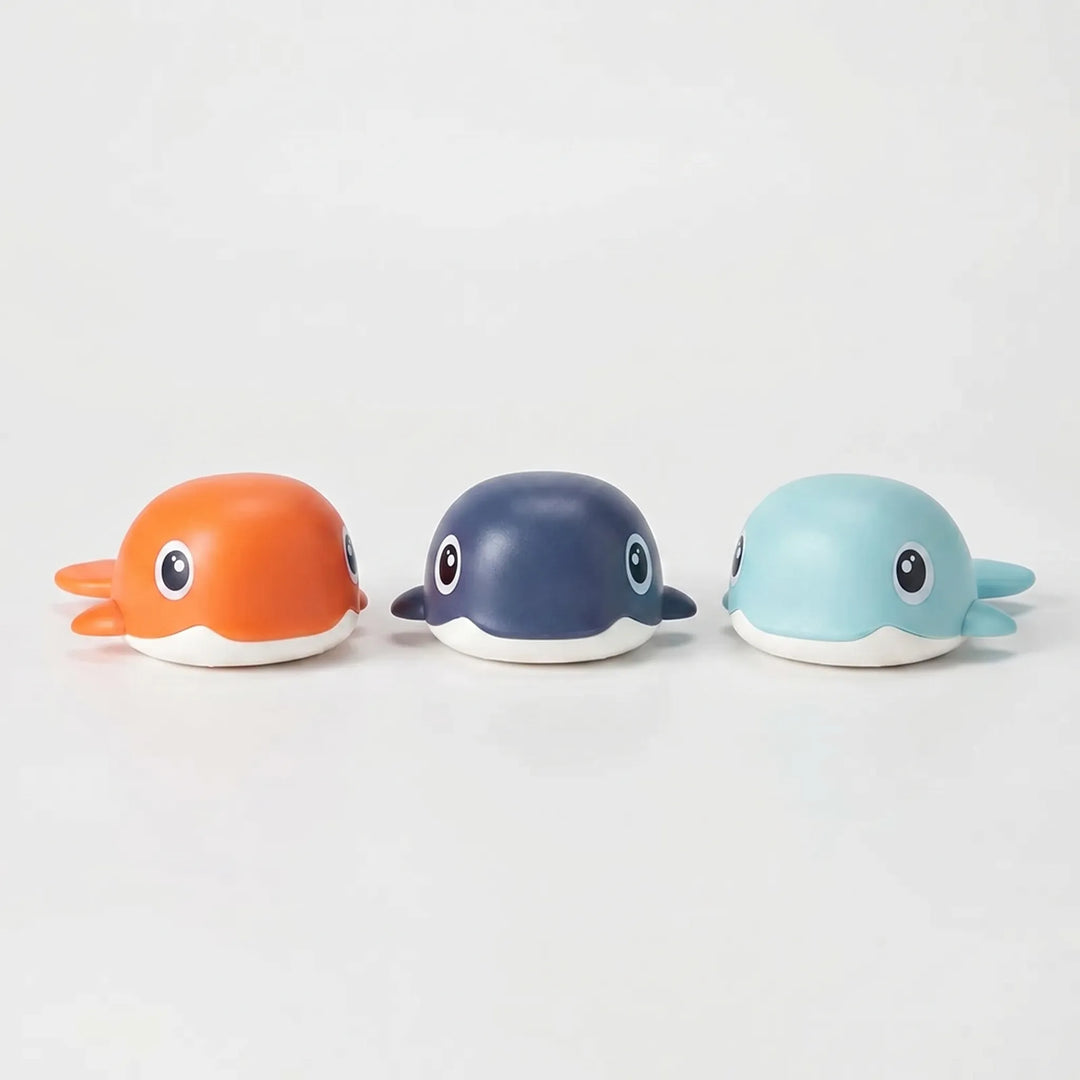 Battery-free wind-up floating whale bath toy set. Perfect for babies, toddlers & kids' water play.