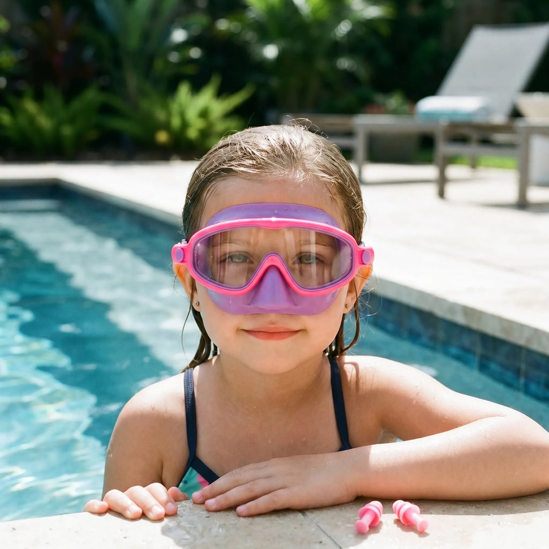 Kids' comfortable silicone swim mask with nose cover, perfect for junior swimming & water sports fun.