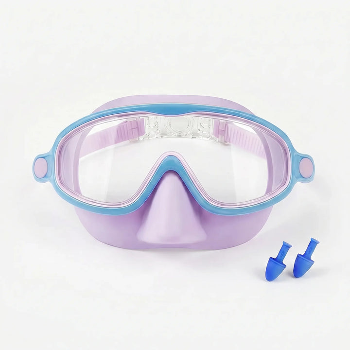 Comfortable kids' silicone swim mask with adjustable strap and nose cover for children's water sports.
