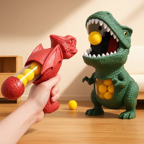 Kids dinosaur shooting game with foam blaster, soft balls & target for active indoor/outdoor play.