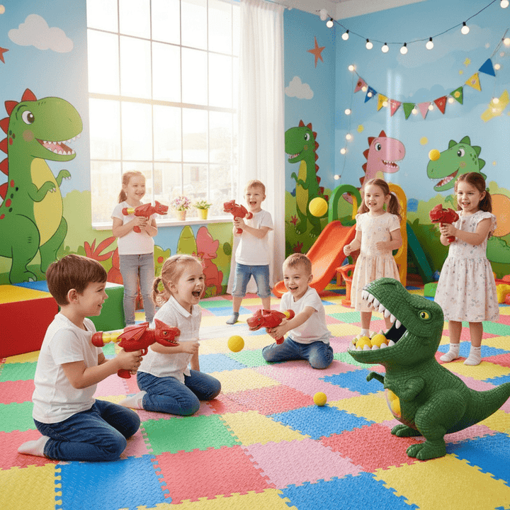 Green dinosaur toy foam blaster for children's shooting game, includes soft balls for safe active fun.