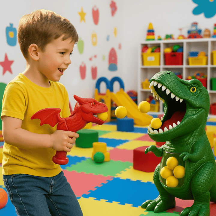 Children's foam ball shooting game featuring a dinosaur blaster & target, perfect for active indoor play.