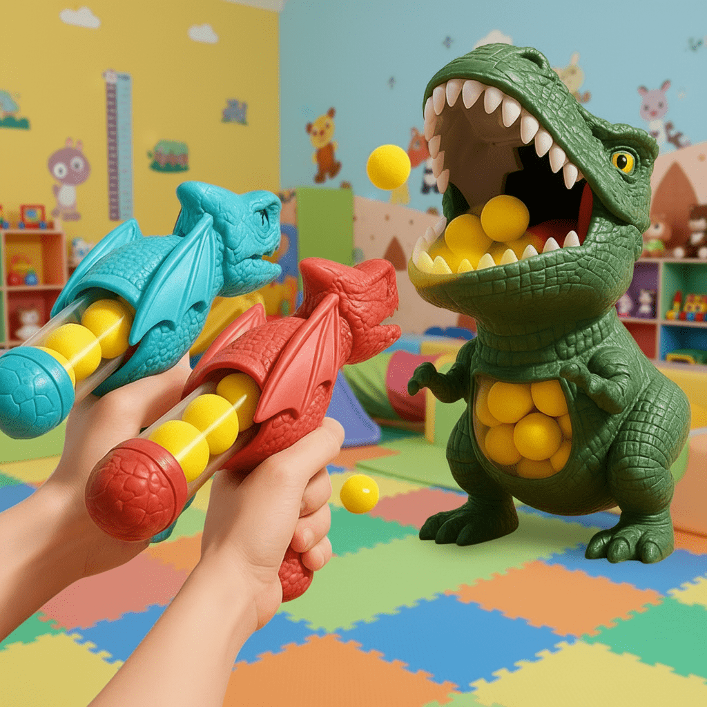 Fun children's dinosaur shooting game, an active educational toy with foam balls & target for kids' gifts.