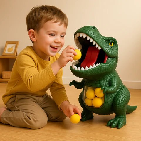 Complete kids' dinosaur shooting game set: includes a dino blaster, soft foam balls, and score target.