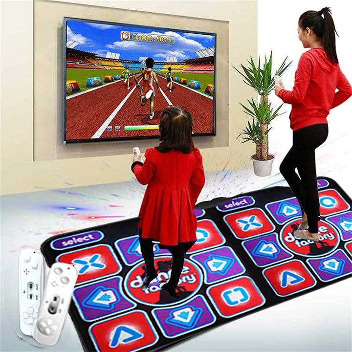 Kids' double dance mat with remote control for 2 players. Fun interactive music & fitness game for indoor activity.
