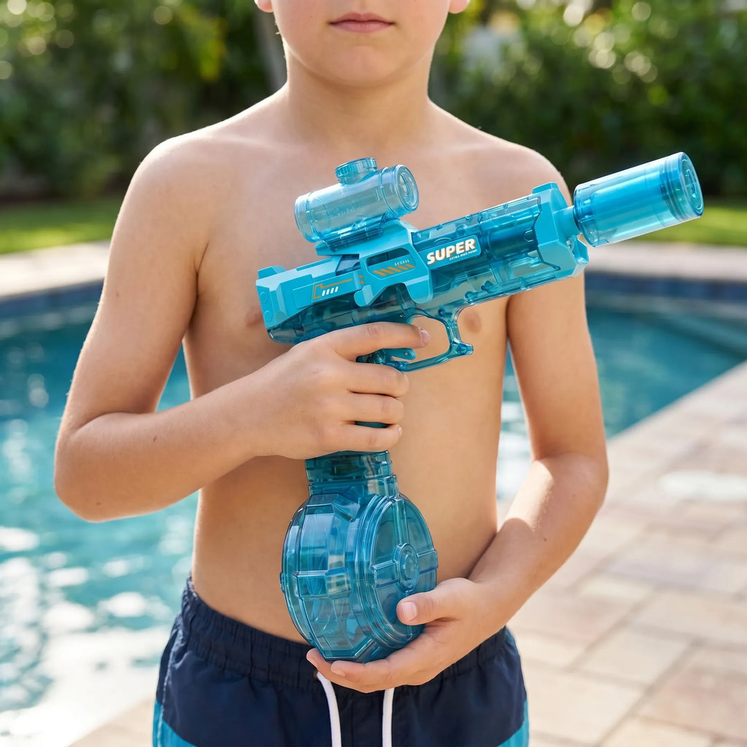 Kids' electric light-up water blaster for automatic outdoor fun. Perfect summer pool & beach toy.
