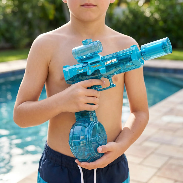 Kids' electric light-up water blaster for automatic outdoor fun. Perfect summer pool & beach toy.