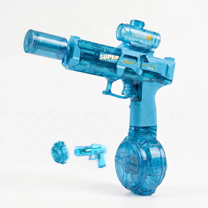 Child enjoying a powerful electric light-up water blaster. Ideal for summer outdoor play & water fights.