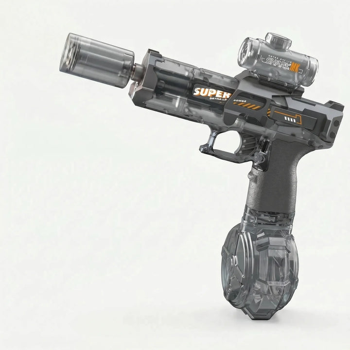 Automatic electric water gun toy for kids, featuring bright LED lights. Great for outdoor water play & summer games.