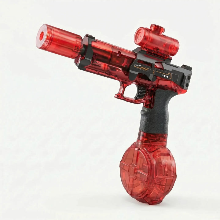 Powerful electric water blaster for children, with cool light-up effects. An automatic rechargeable water toy for summer.