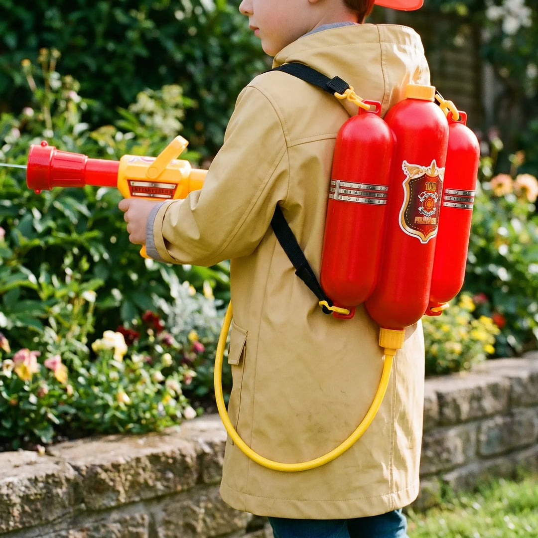 Kids' firefighter backpack water blaster toy, perfect for outdoor summer fun & water games.