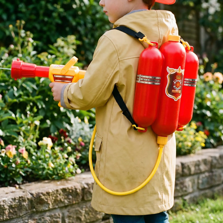 Kids' firefighter backpack water blaster toy, perfect for outdoor summer fun & water games.