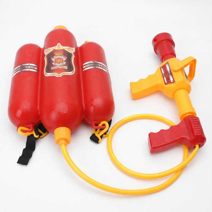 Fun kids' firefighter backpack water blaster toy for summer outdoor play, an ideal children's gift.